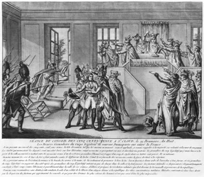 Bonaparte (1769-1821) beschermd door twee grenadiers tijdens de zitting in St.Cloud, 19 brumaire an 8 (10 november 1799)